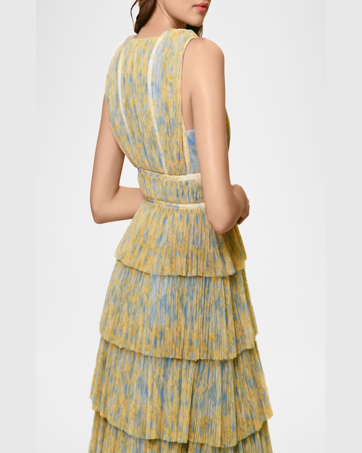 Shop Hutch Amora Deep V-neck Tiered Tulle Gown In Sky Condensed Dramatic Outline Floral