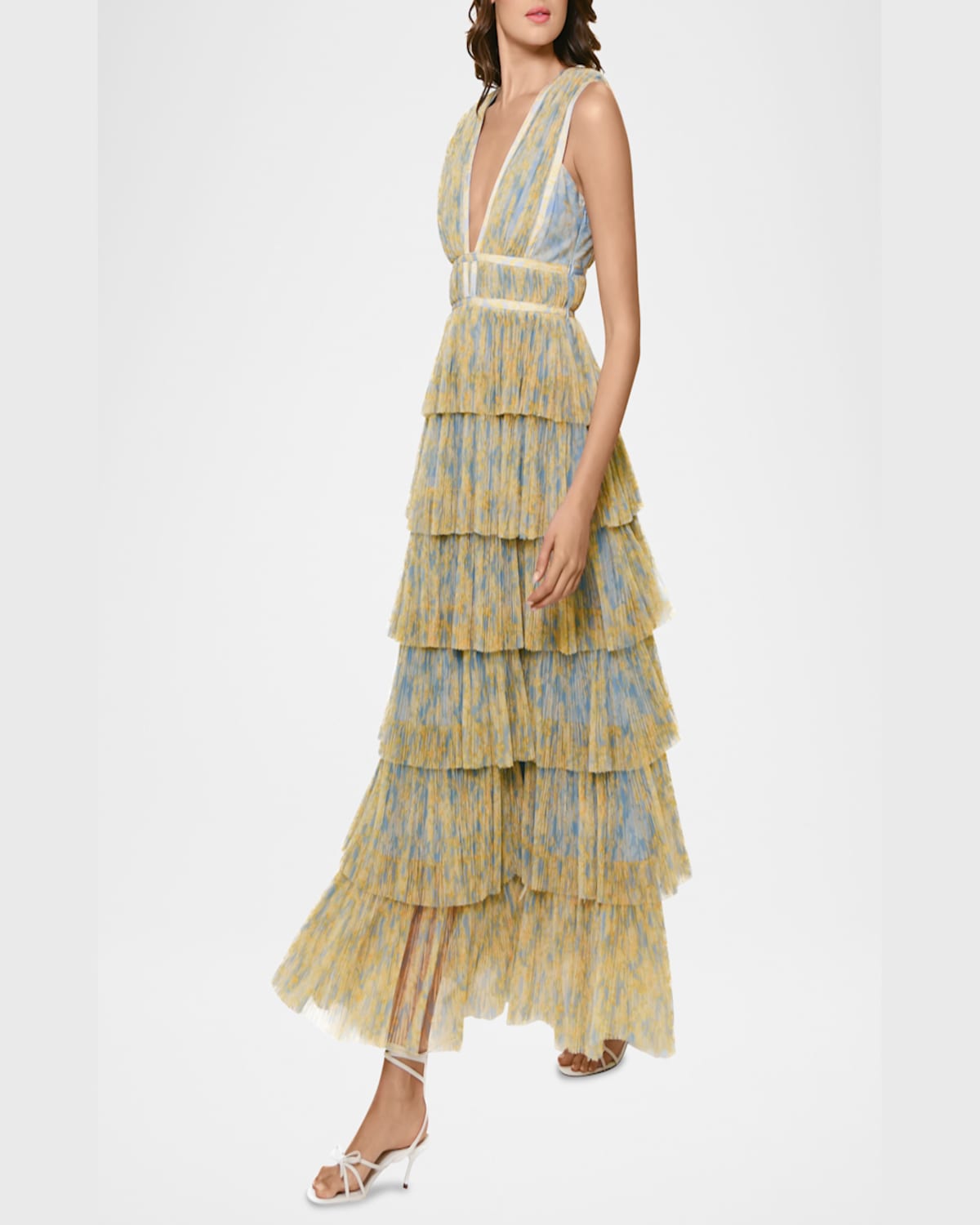 Shop Hutch Amora Deep V-neck Tiered Tulle Gown In Sky Condensed Dramatic Outline Floral