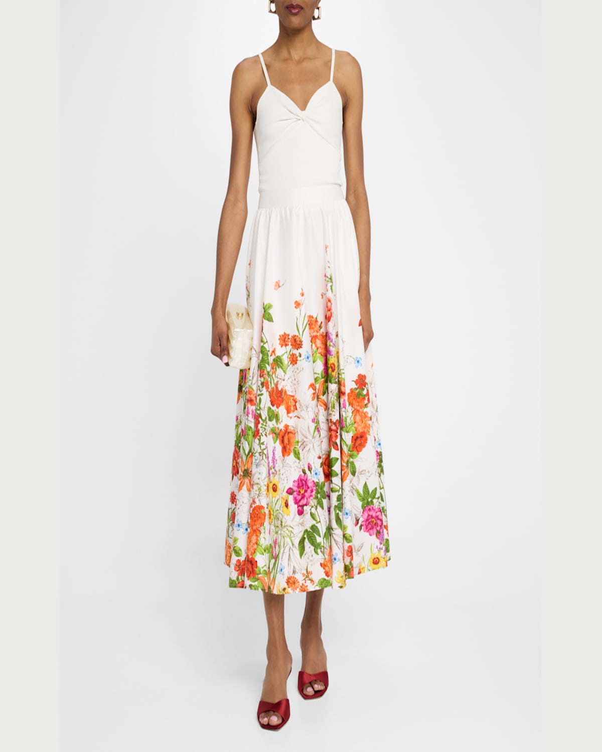 Shop Elie Tahari The Juliana Floral-print Cotton Midi Skirt In Sky Jardin Print