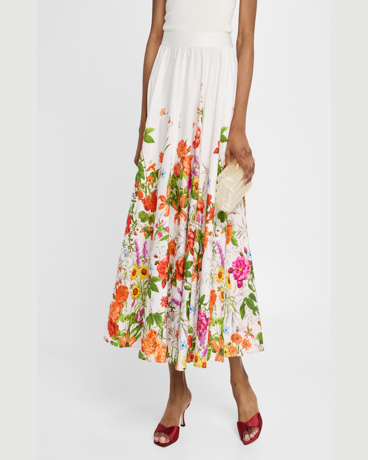 Shop Elie Tahari The Juliana Floral-print Cotton Midi Skirt In Sky Jardin Print