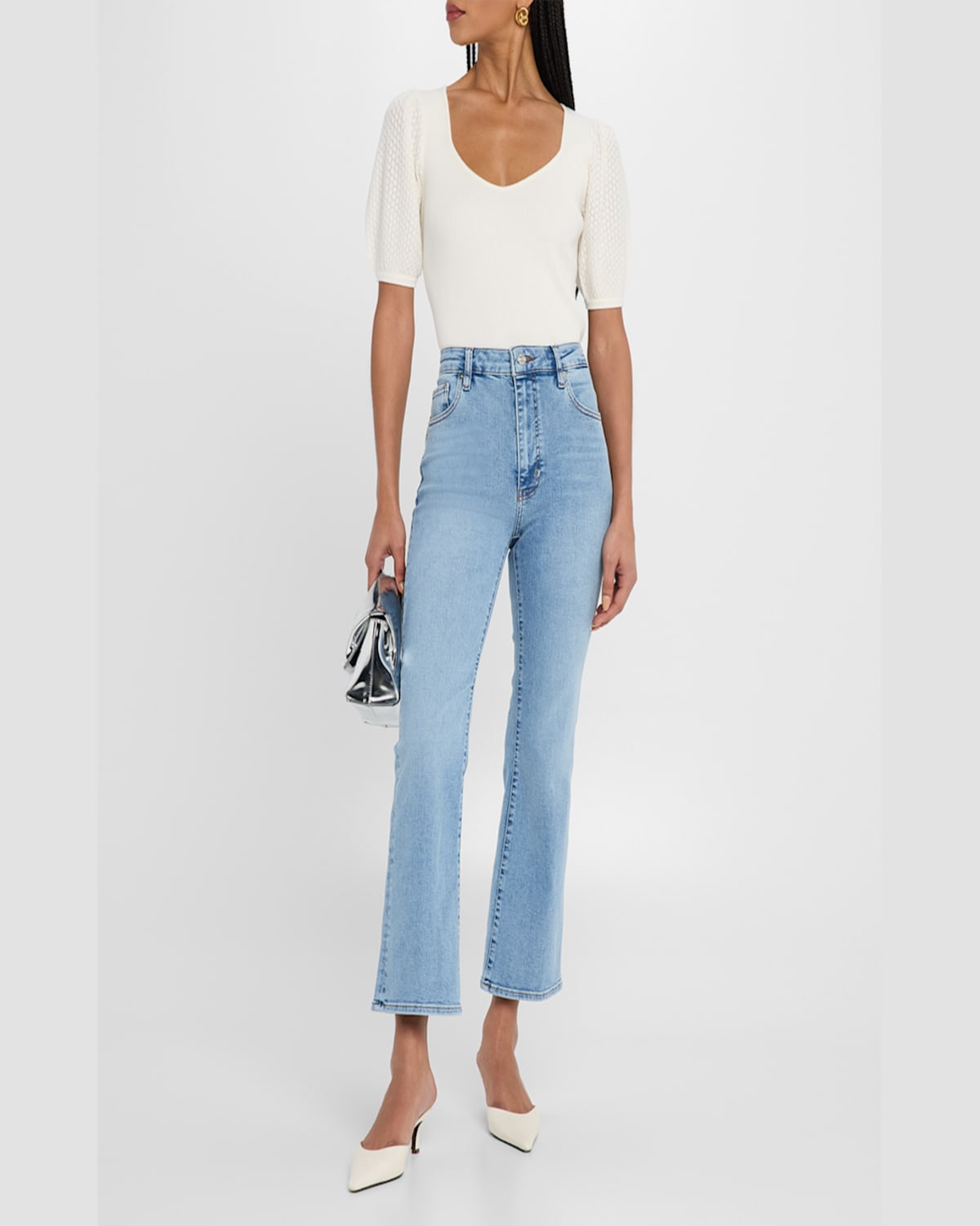 Shop Elie Tahari The Piper Ribbed Pointelle-sleeve Sweater In Sky White