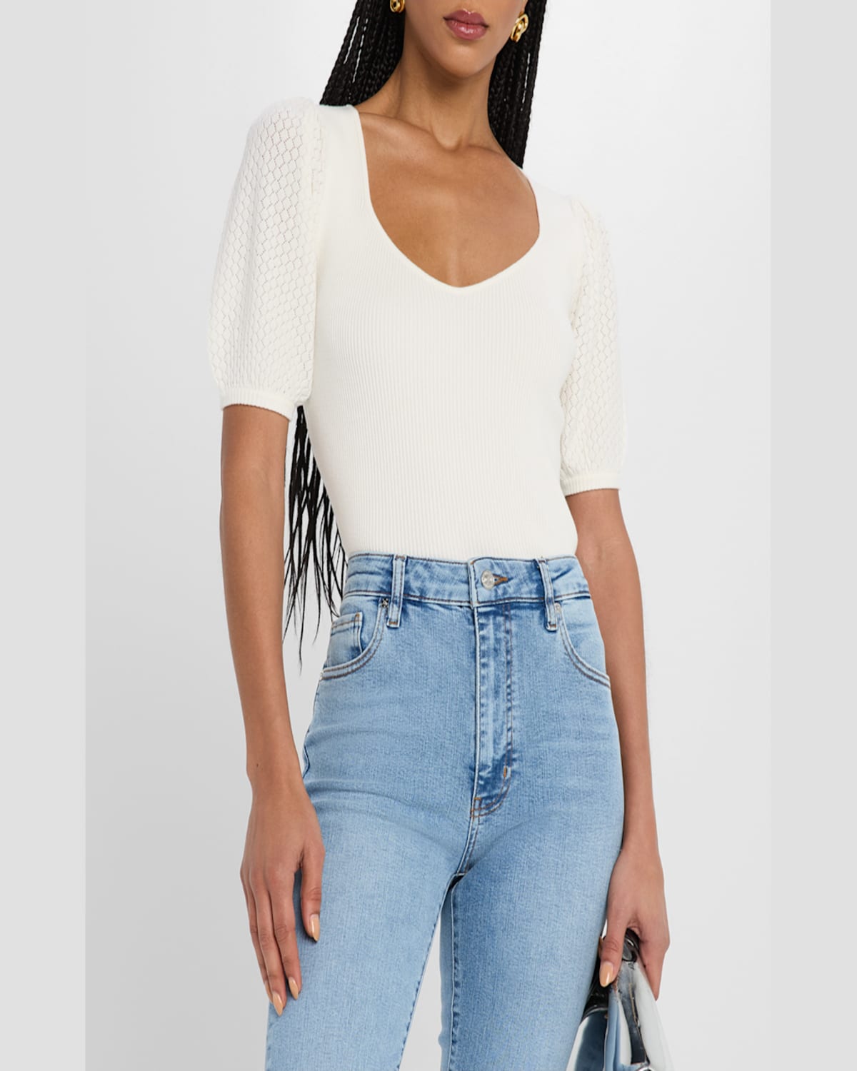 Shop Elie Tahari The Piper Ribbed Pointelle-sleeve Sweater In Sky White