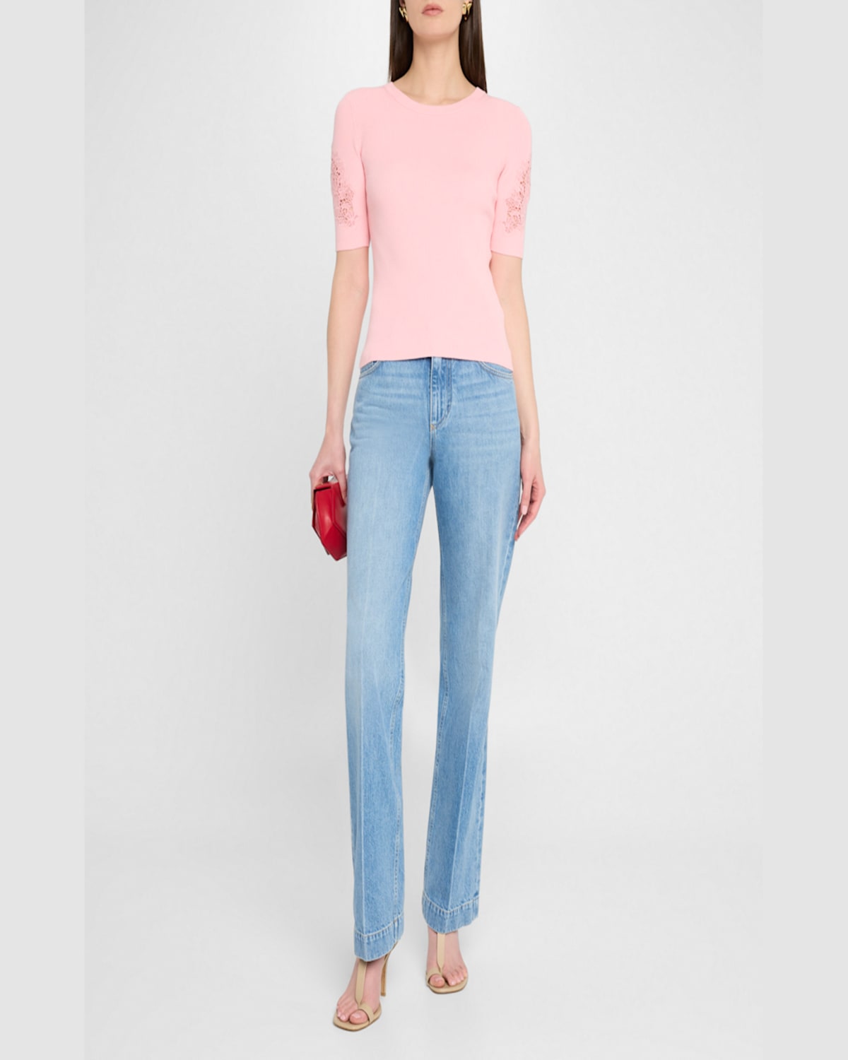 Shop Elie Tahari The Magnolia Ribbed Lace-inset Sweater In Orange Dream