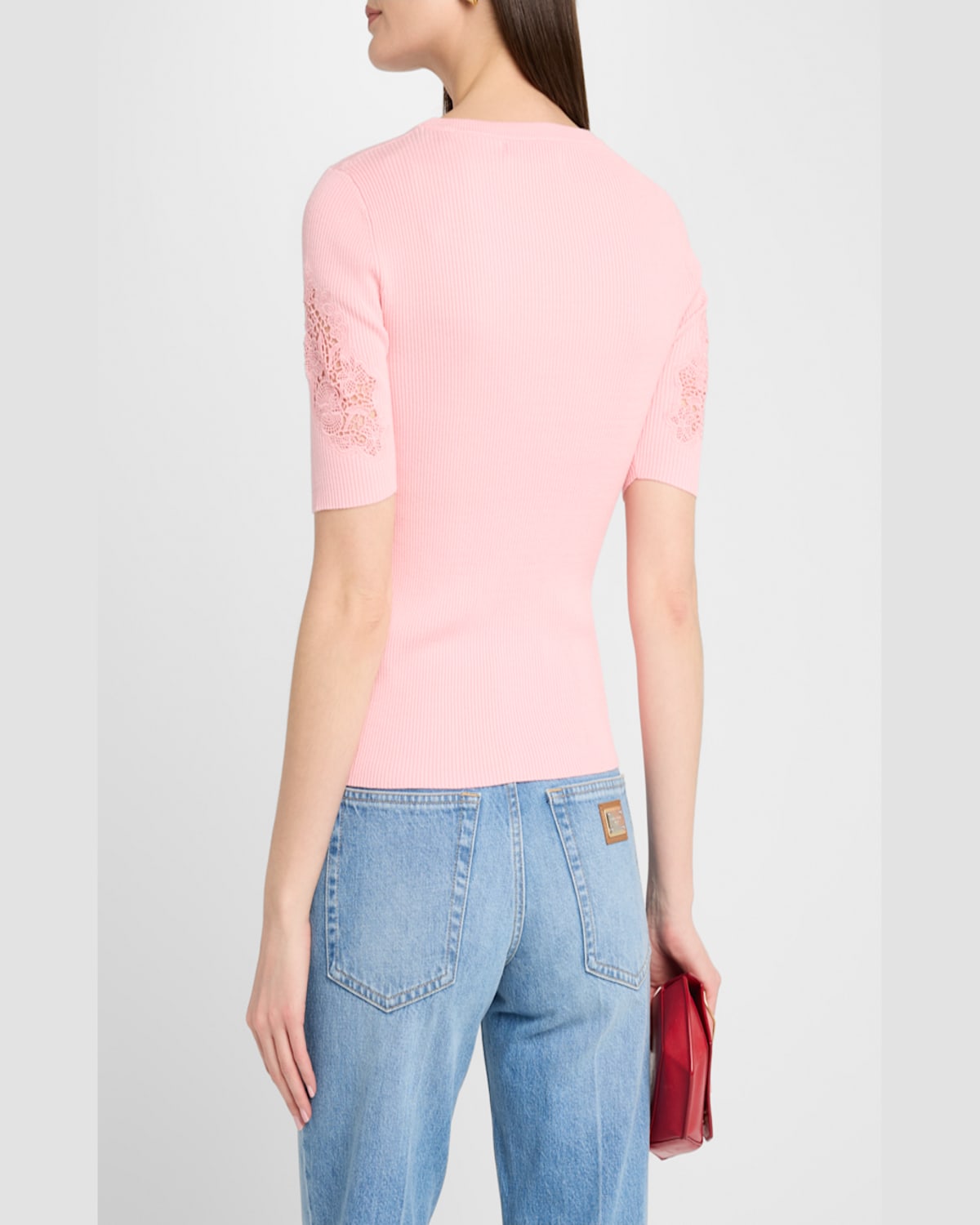 Shop Elie Tahari The Magnolia Ribbed Lace-inset Sweater In Orange Dream