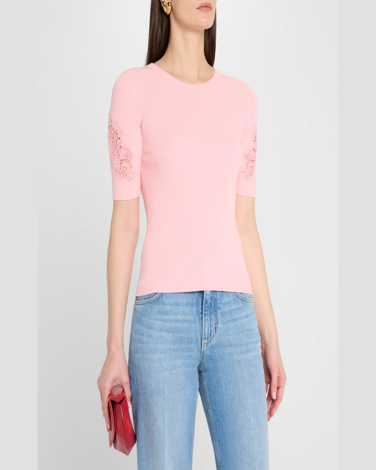 Shop Elie Tahari The Magnolia Ribbed Lace-inset Sweater In Orange Dream