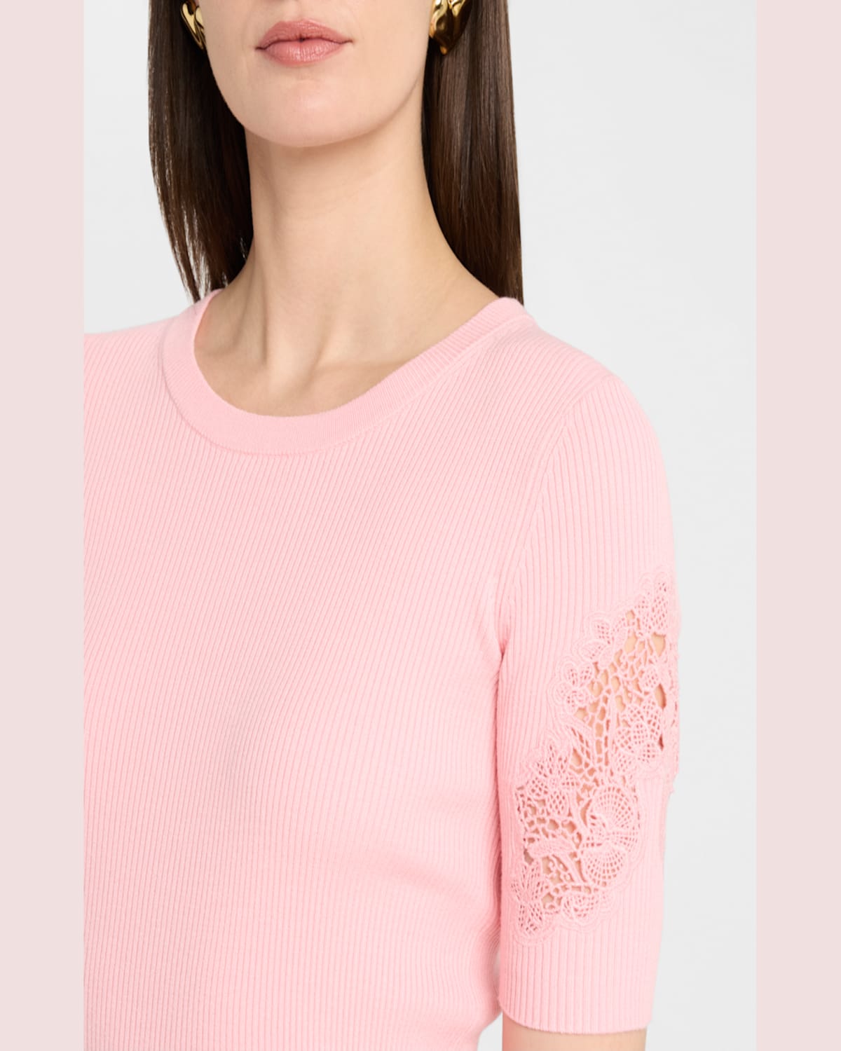 Shop Elie Tahari The Magnolia Ribbed Lace-inset Sweater In Orange Dream