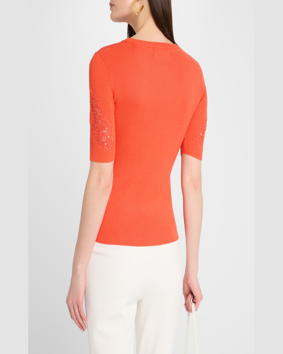 Shop Elie Tahari The Magnolia Ribbed Lace-inset Sweater In Orange Dream