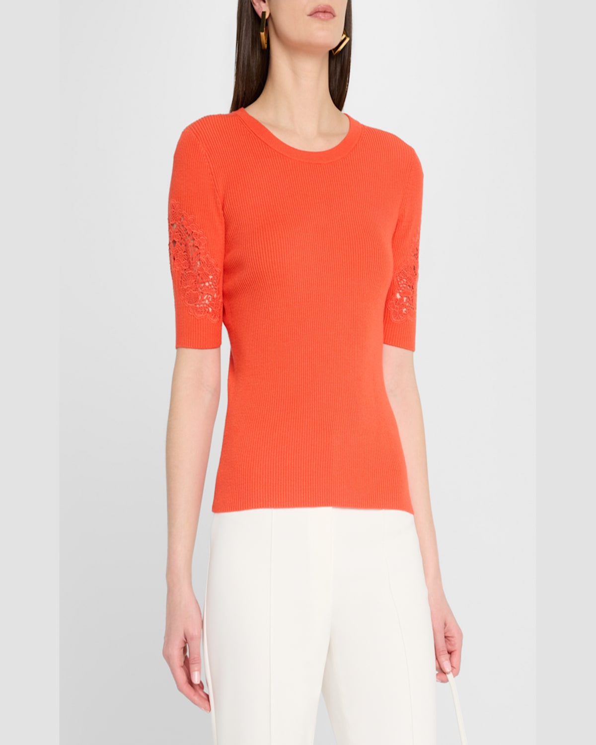 Shop Elie Tahari The Magnolia Ribbed Lace-inset Sweater In Orange Dream
