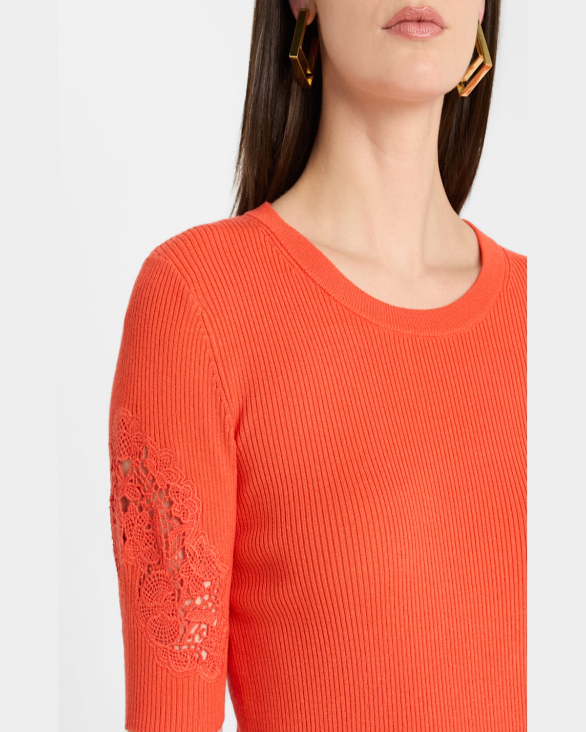 Shop Elie Tahari The Magnolia Ribbed Lace-inset Sweater In Orange Dream