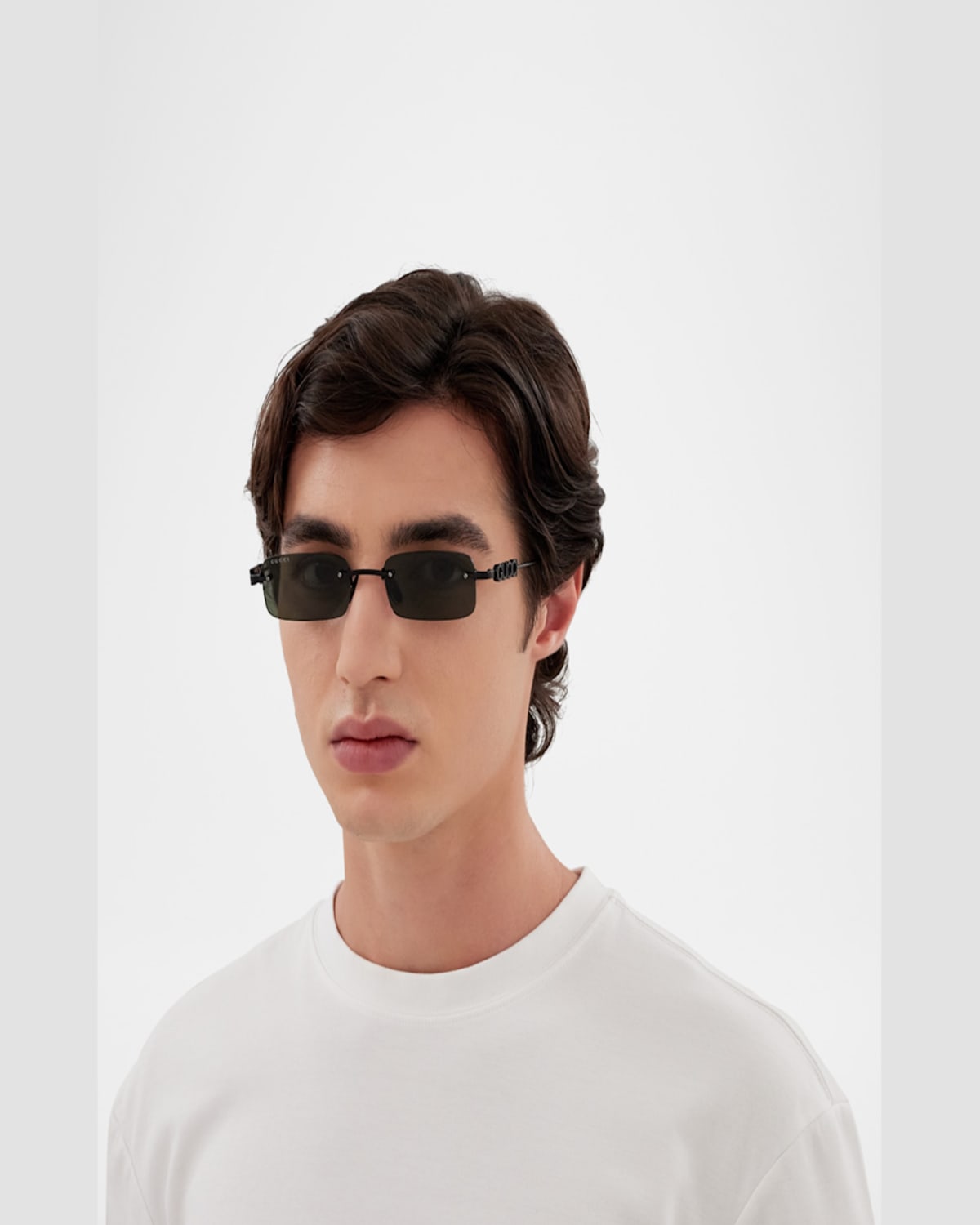 Gucci Men's Gg1808sm Metal Rectangle Sunglasses In Shiny Solid Black Varnish