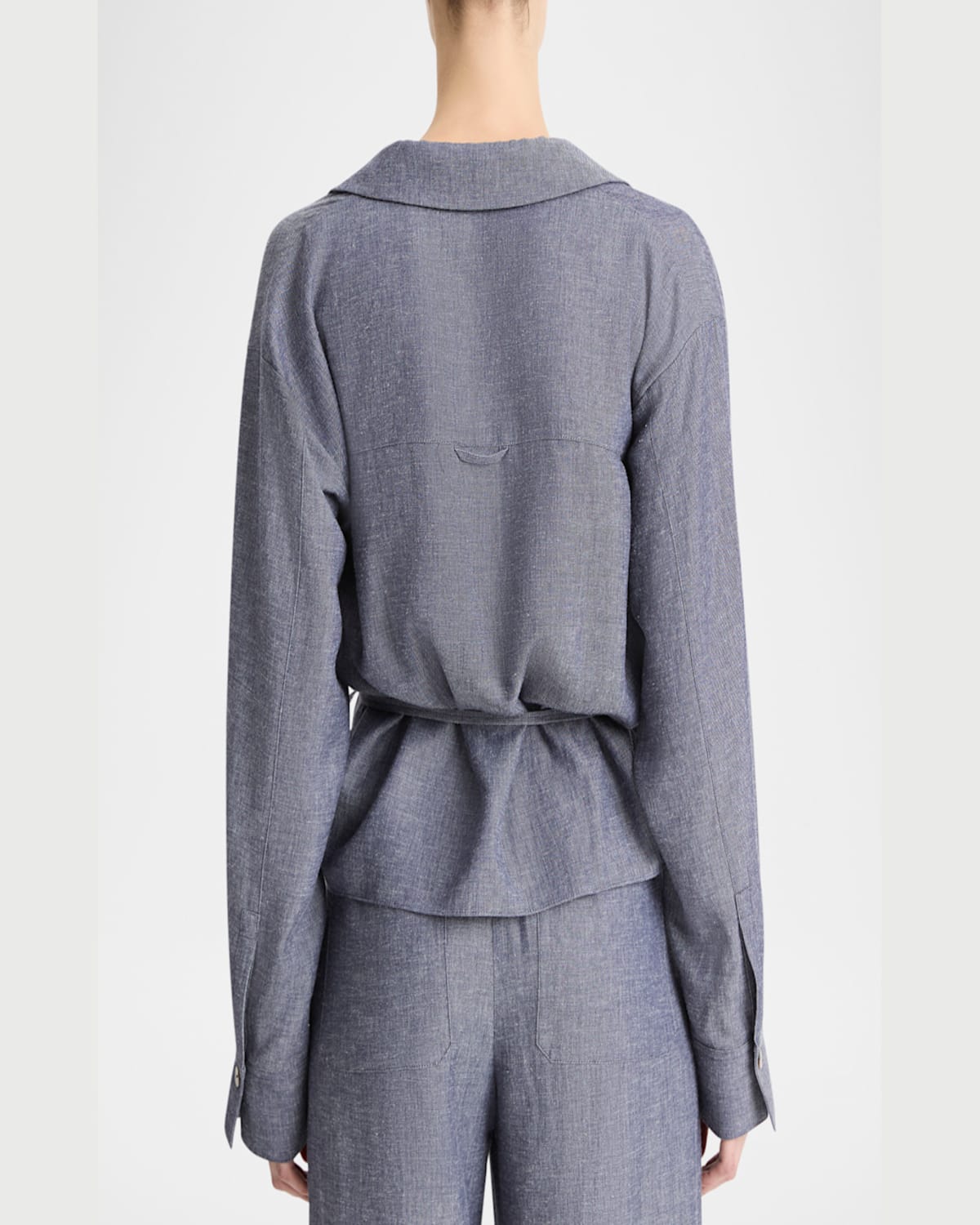 Vince Collared Linen-blend Wrap Top In Mid Indigo