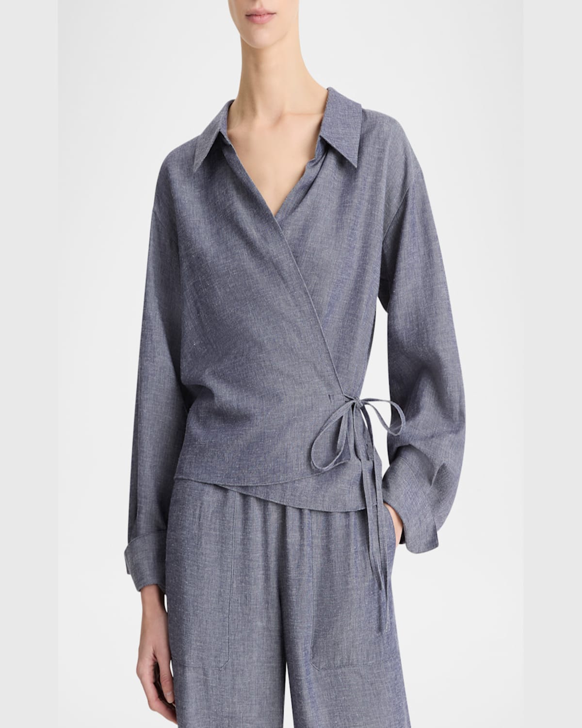 Vince Collared Linen-blend Wrap Top In Mid Indigo
