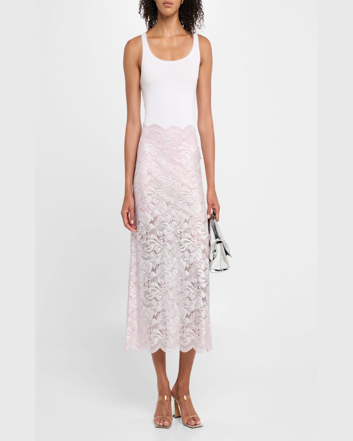 Shop Rabanne Metallic Lace Midi Skirt In Powder Pink  Silver