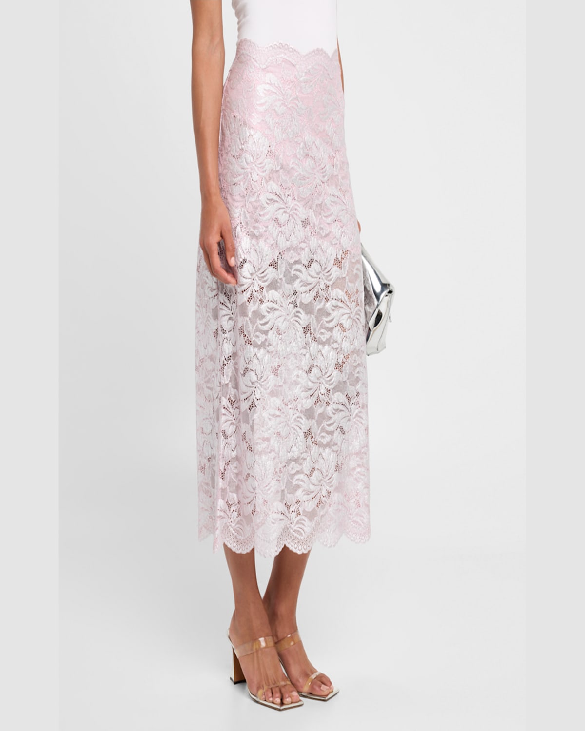 Shop Rabanne Metallic Lace Midi Skirt In Powder Pink  Silver