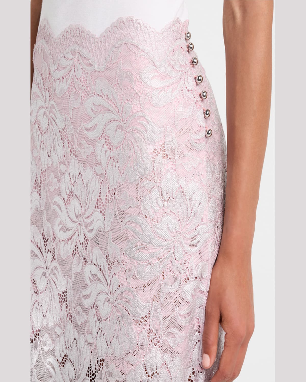 Shop Rabanne Metallic Lace Midi Skirt In Powder Pink  Silver