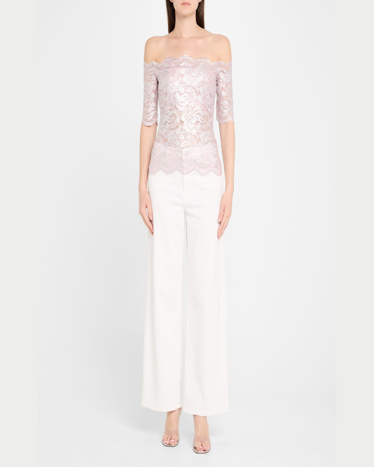Rabanne Off-the-shoulder Lace Top With Floral Patterns In Powder Pink  Silver