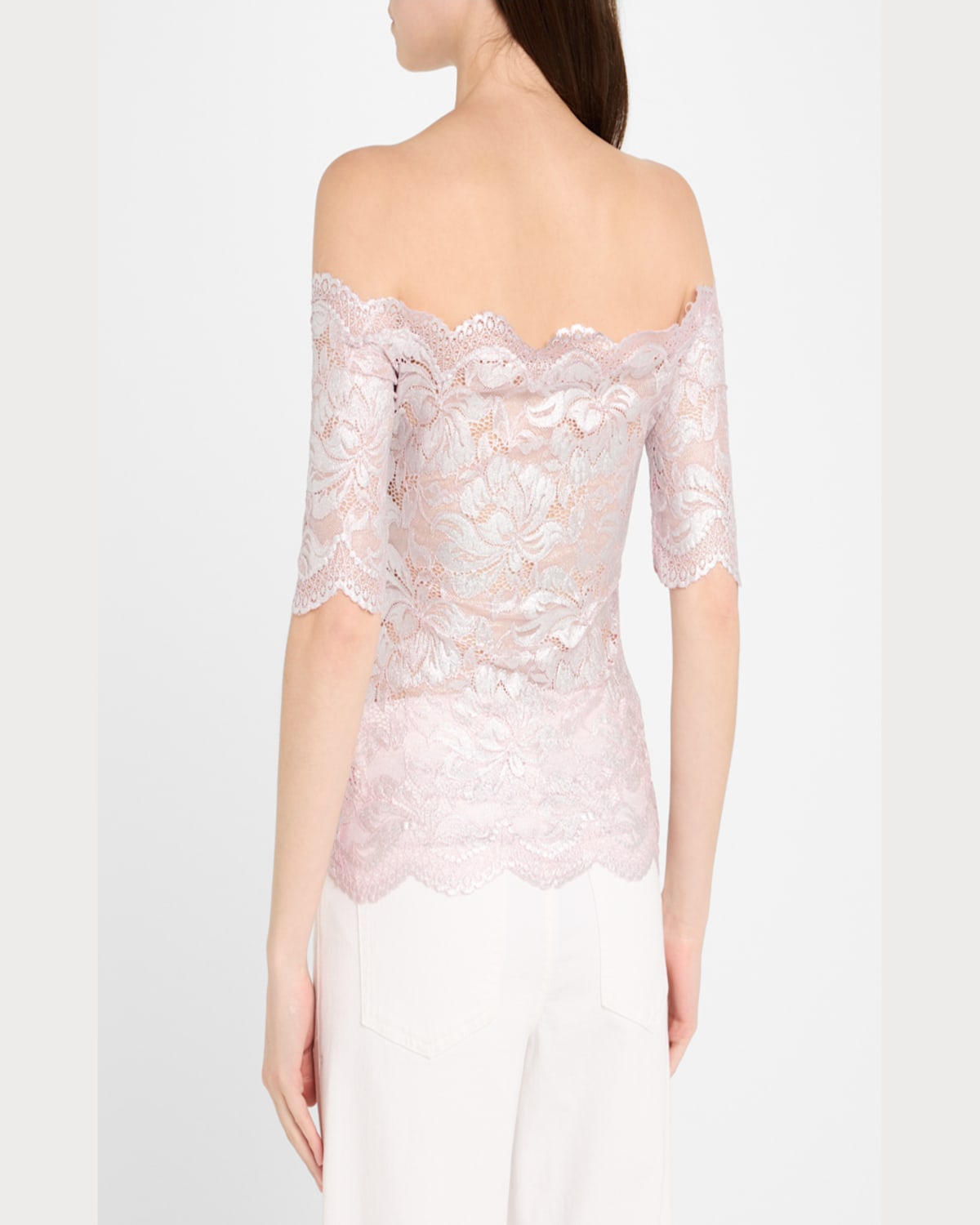 Rabanne Off-the-shoulder Lace Top With Floral Patterns In Powder Pink  Silver
