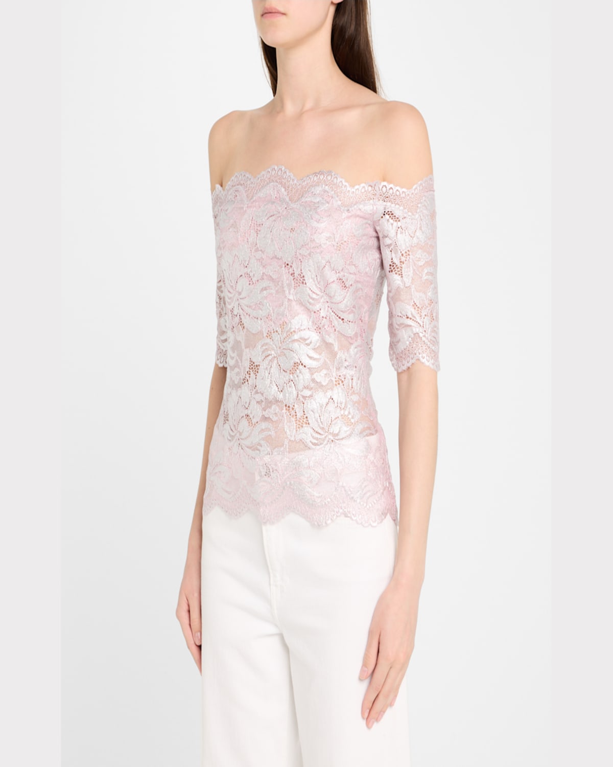 Rabanne Off-the-shoulder Lace Top With Floral Patterns In Powder Pink  Silver