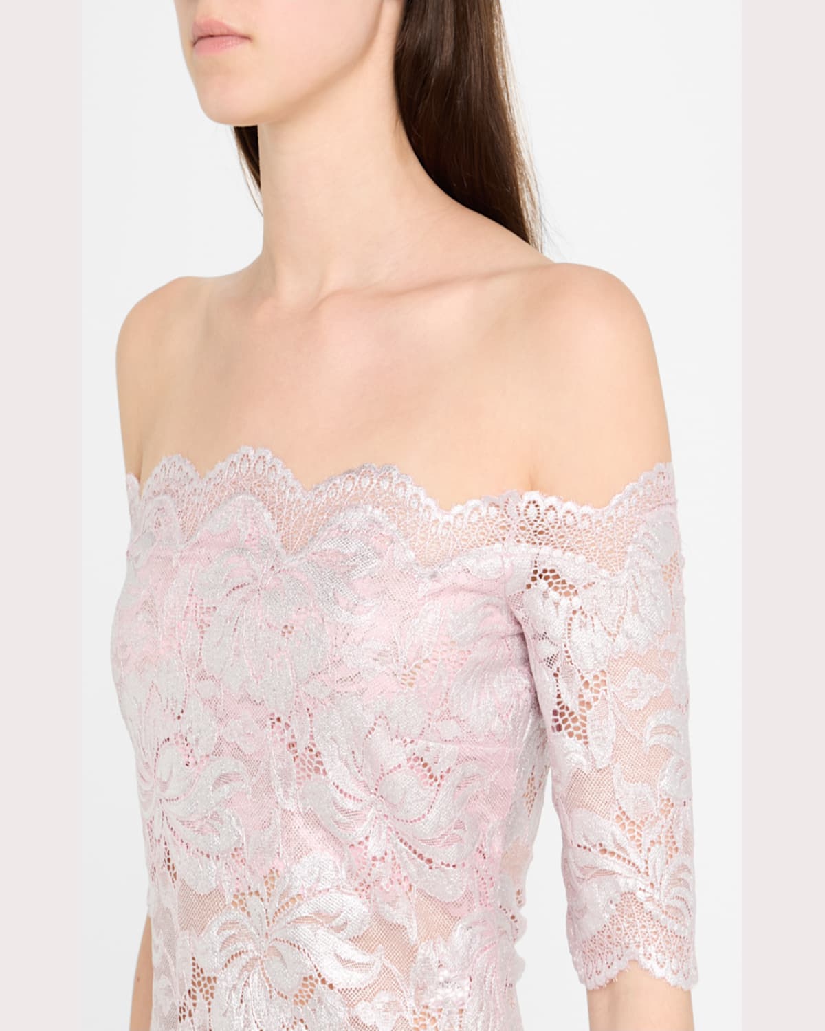 Rabanne Off-the-shoulder Lace Top With Floral Patterns In Powder Pink  Silver