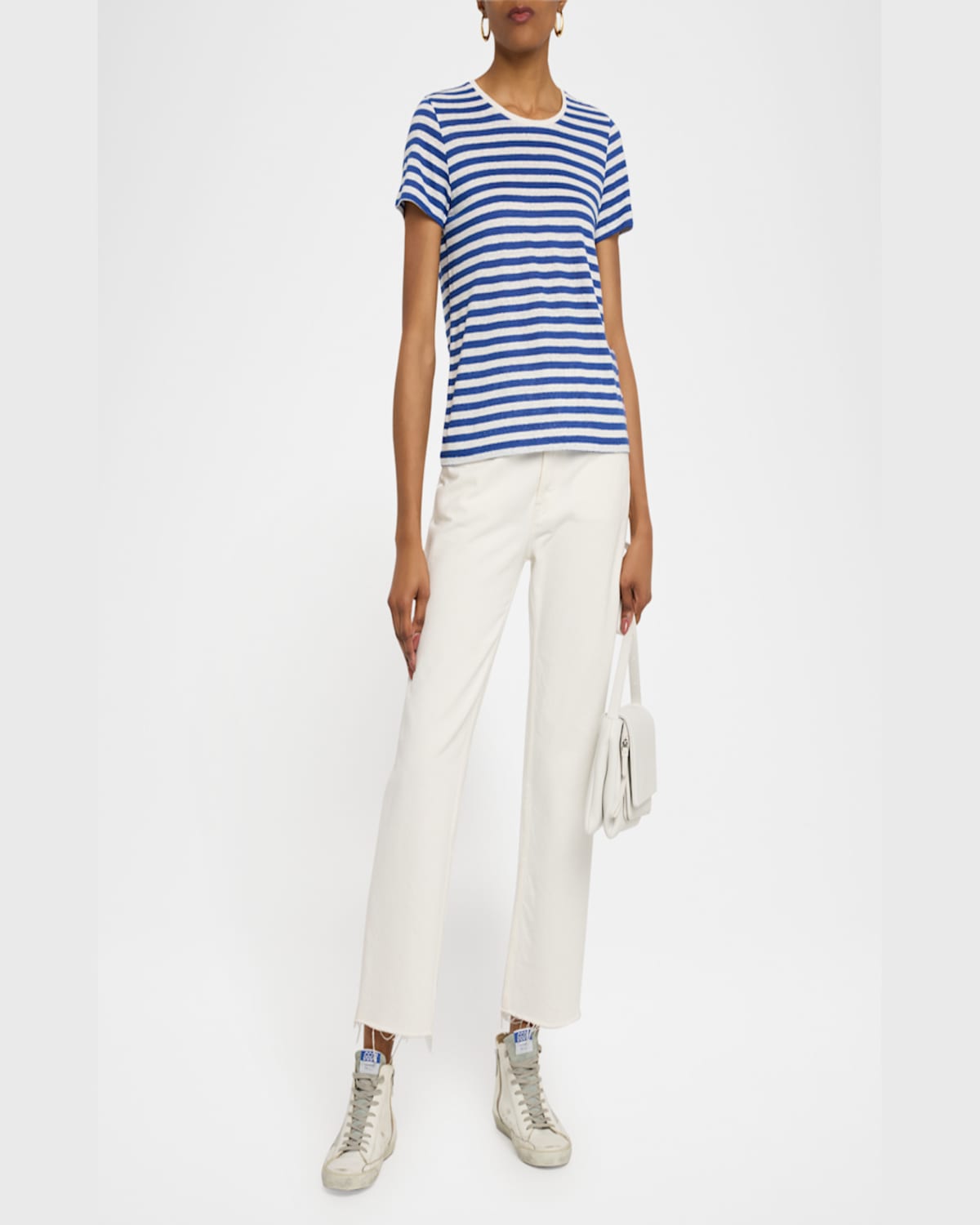 Majestic Striped Crewneck Stretch Linen Top In Abyss