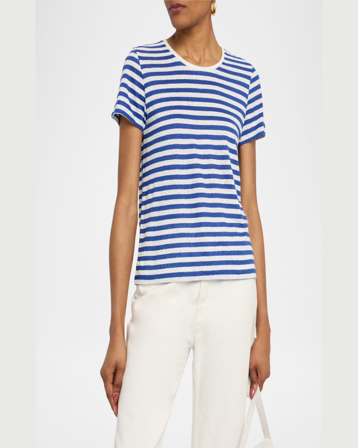 Majestic Striped Crewneck Stretch Linen Top In Abyss