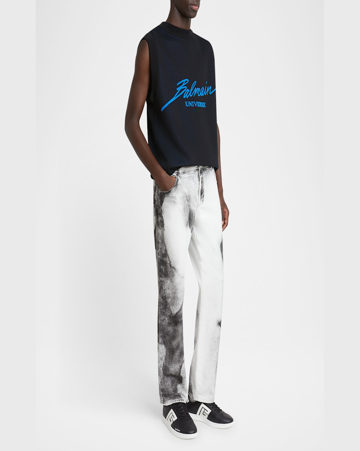 Balmain Men's Moon-print Regular-fit Jeans In White/blk