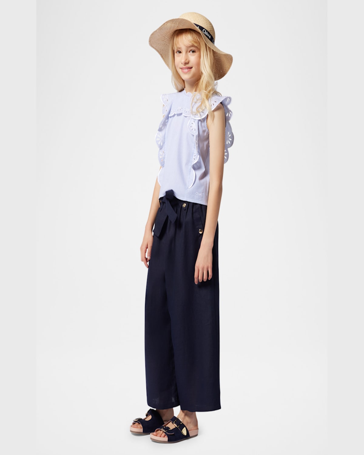 Chloé Girl's Studded Wide Leg Belted Trousers In Navy