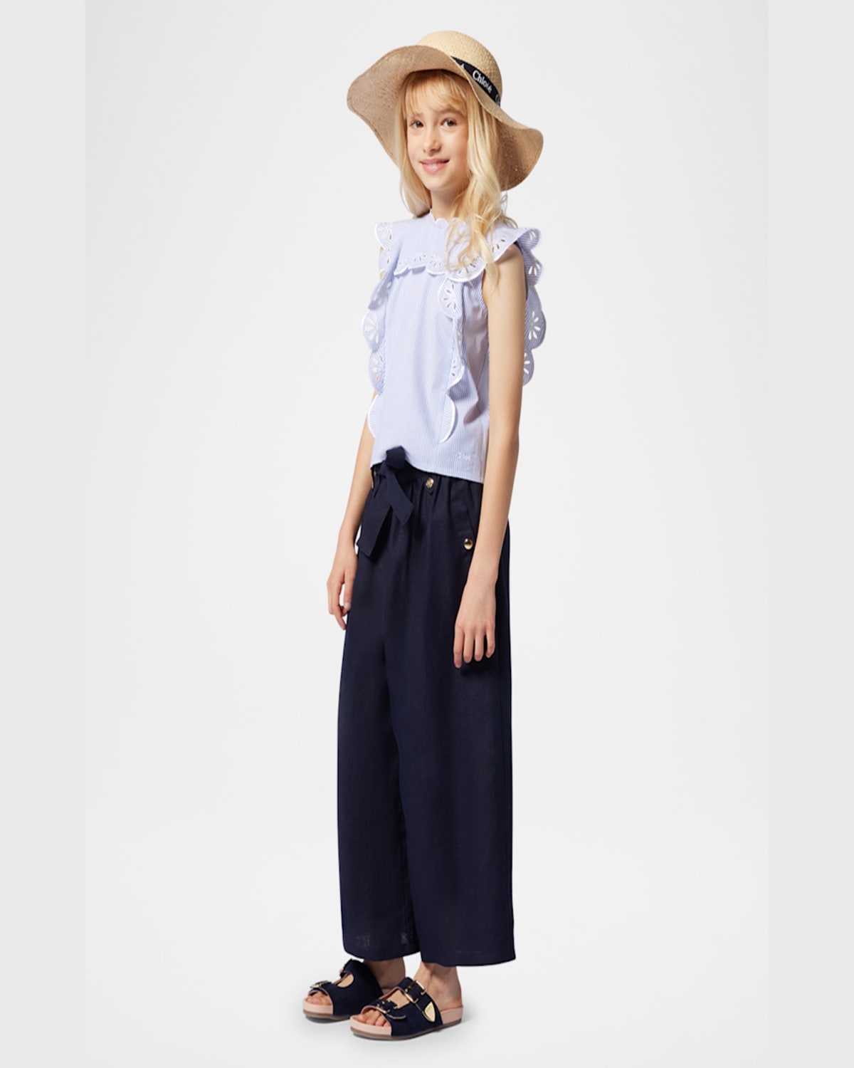 Shop Chloé Girl's Stripe Scallop Trim Blouse In White  Blue