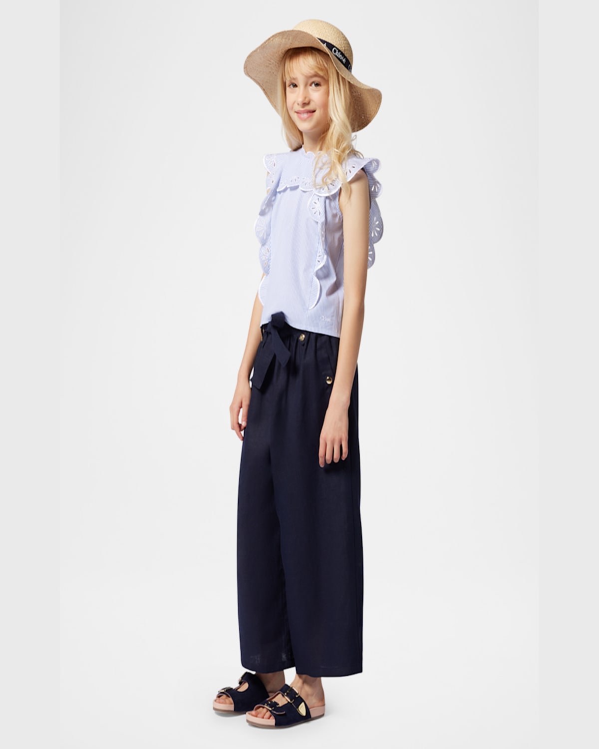 Shop Chloé Girl's Stripe Scallop Trim Blouse In White  Blue