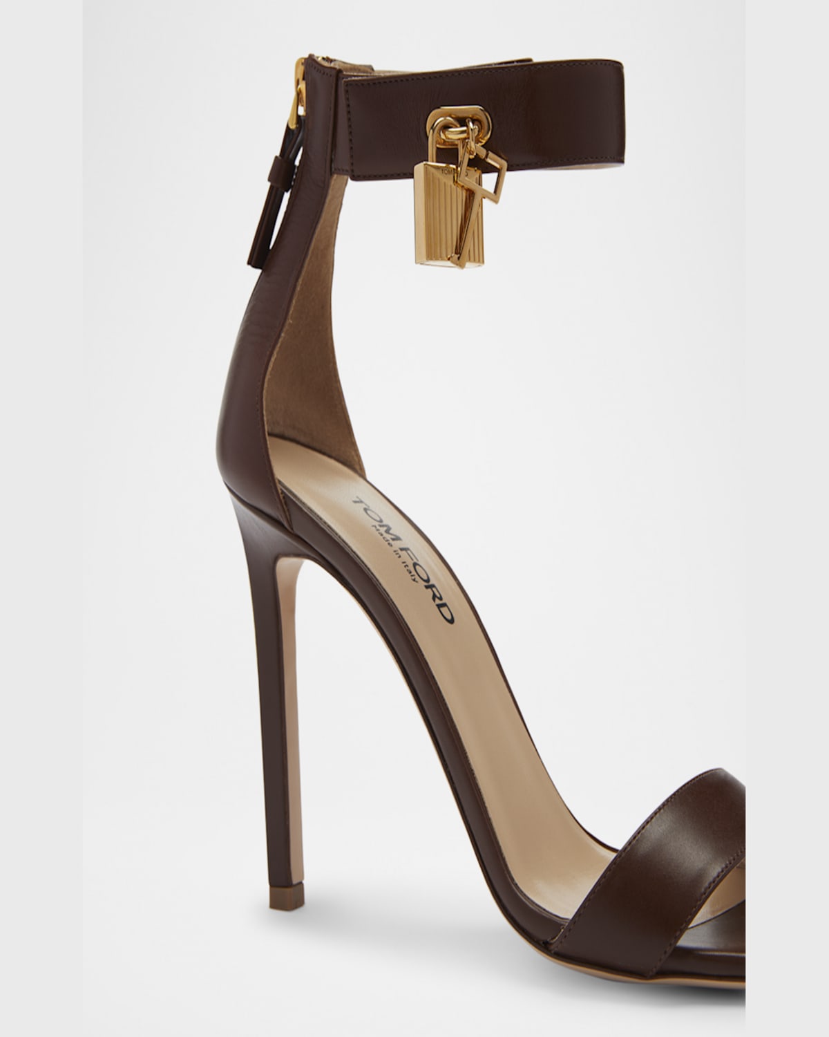 Tom Ford Leather Stiletto Sandals With Padlock In Burnt Brown