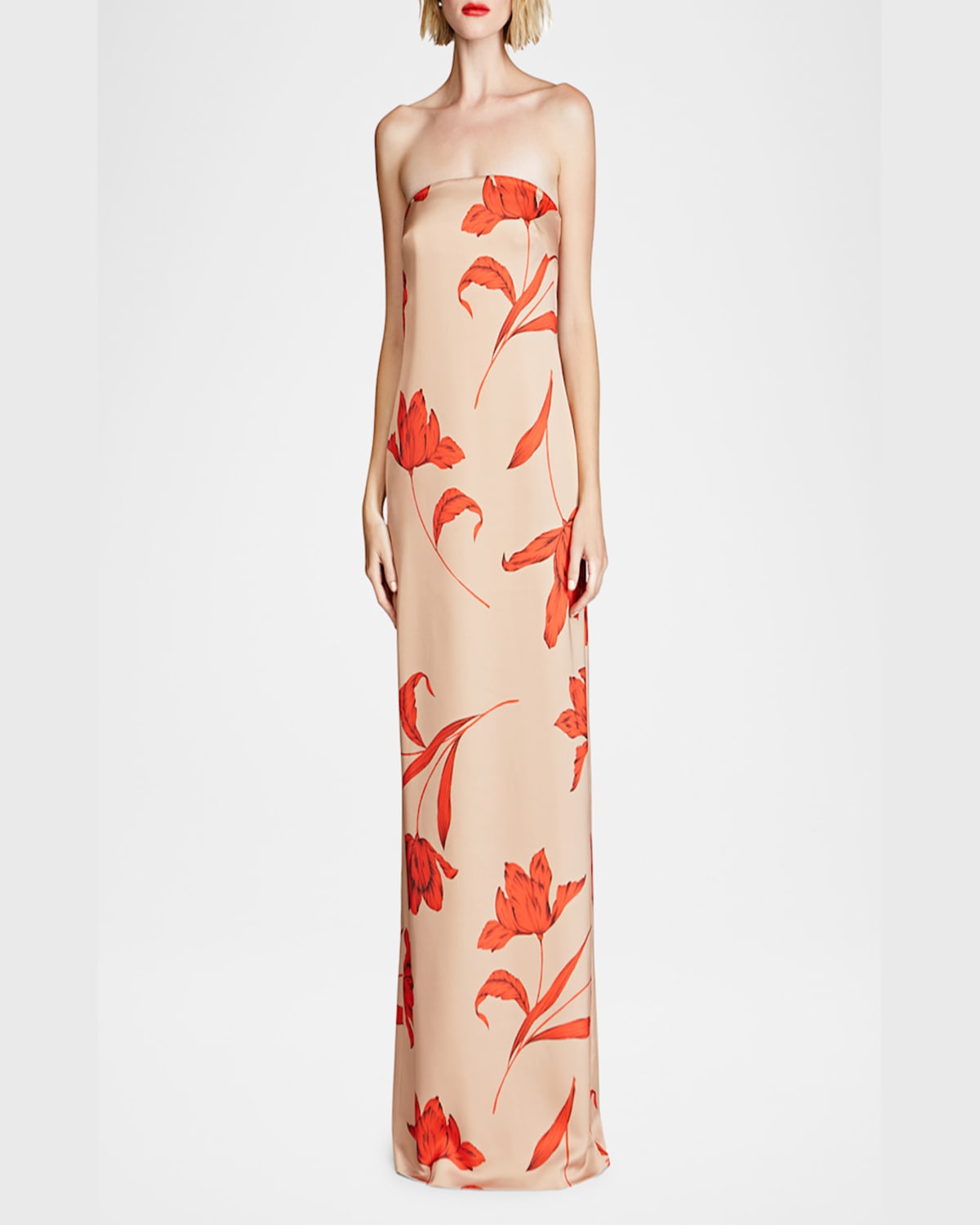 Shop Halston Manuela Strapless Floral-print Column Gown In Camel Statement Flow