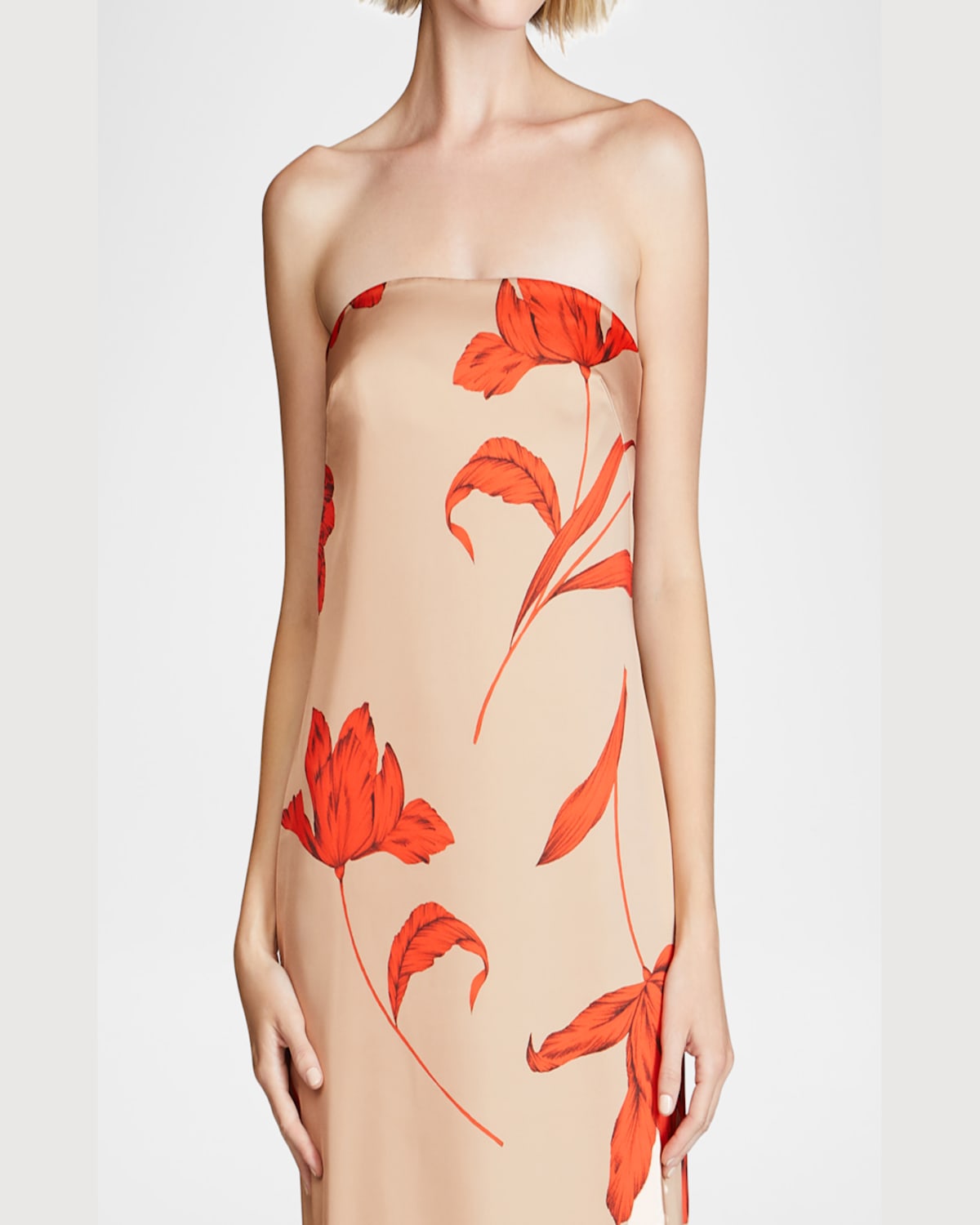 HALSTON MANUELA STRAPLESS FLORAL-PRINT COLUMN GOWN 