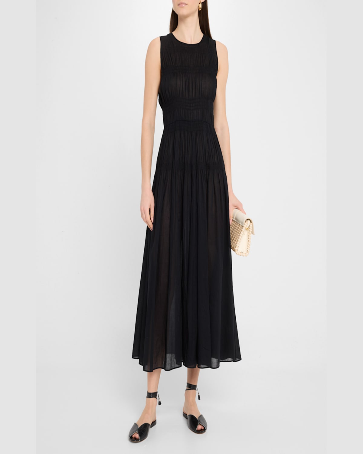 Apiece Apart Fabiana Shirred Organic Cotton Voile Maxi Dress In Black