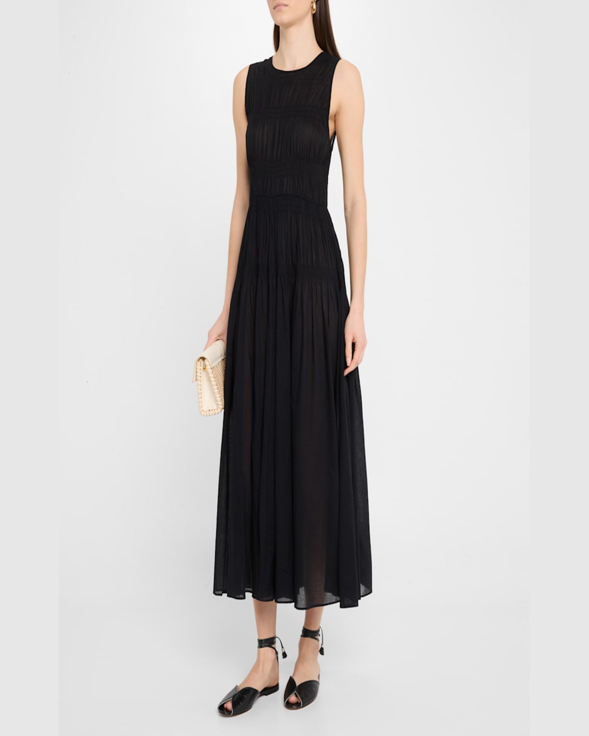 Apiece Apart Fabiana Shirred Organic Cotton Voile Maxi Dress In Black