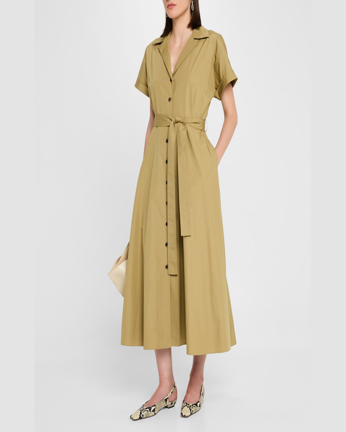 Shop Lafayette 148 Belted A-line Cotton Midi Shirtdress In Loden Green