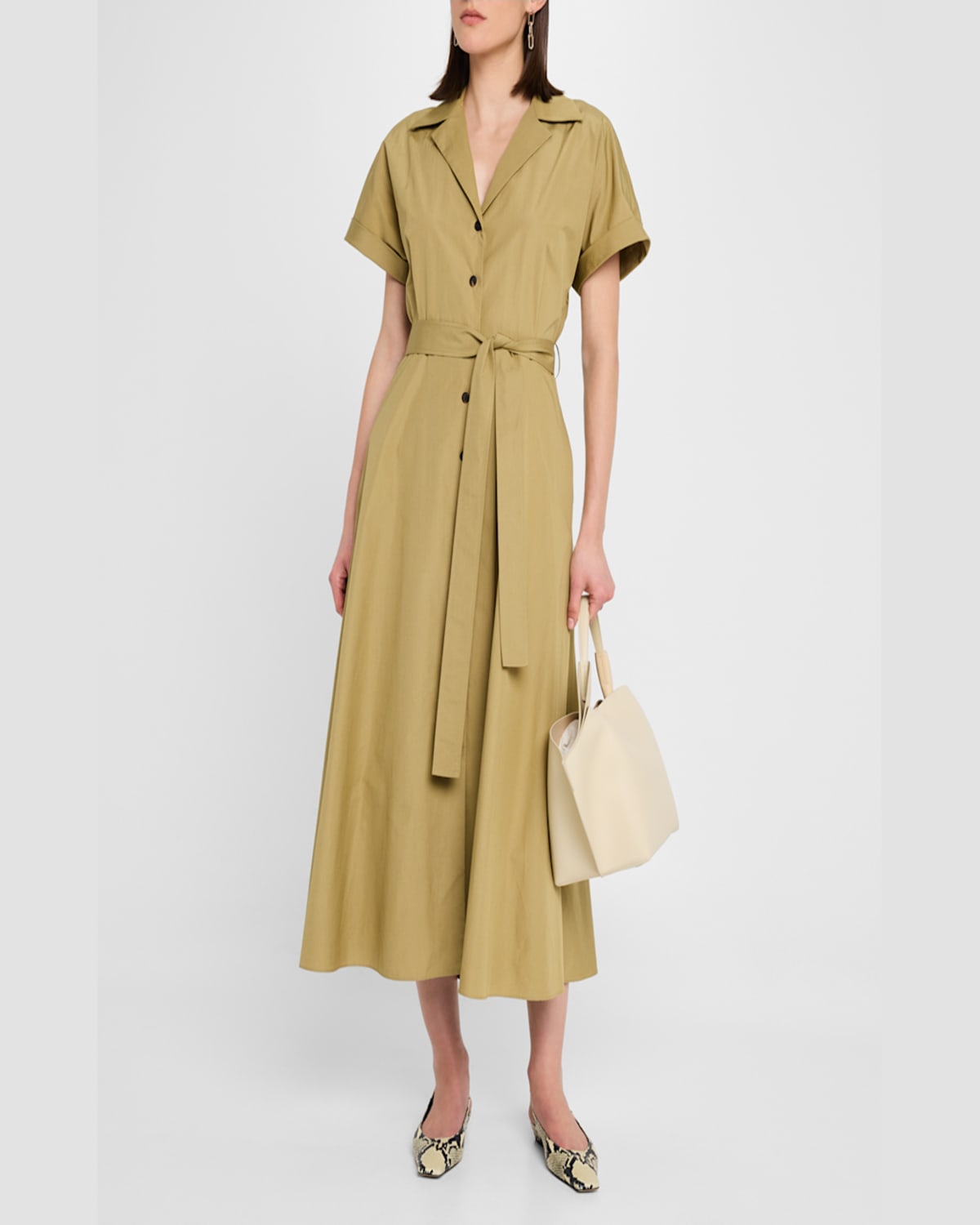 Shop Lafayette 148 Belted A-line Cotton Midi Shirtdress In Loden Green