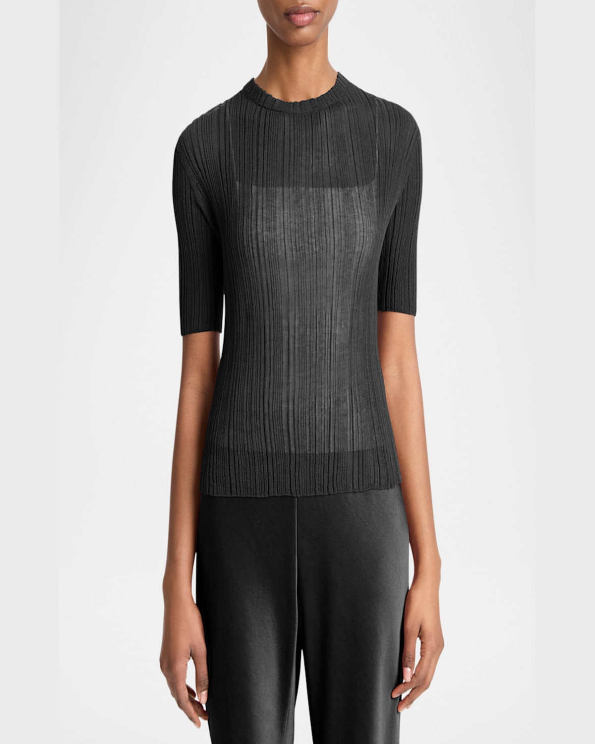 Shop Vince Double-layered Ribbed Elbow-sleeve Top In Black/sabbia