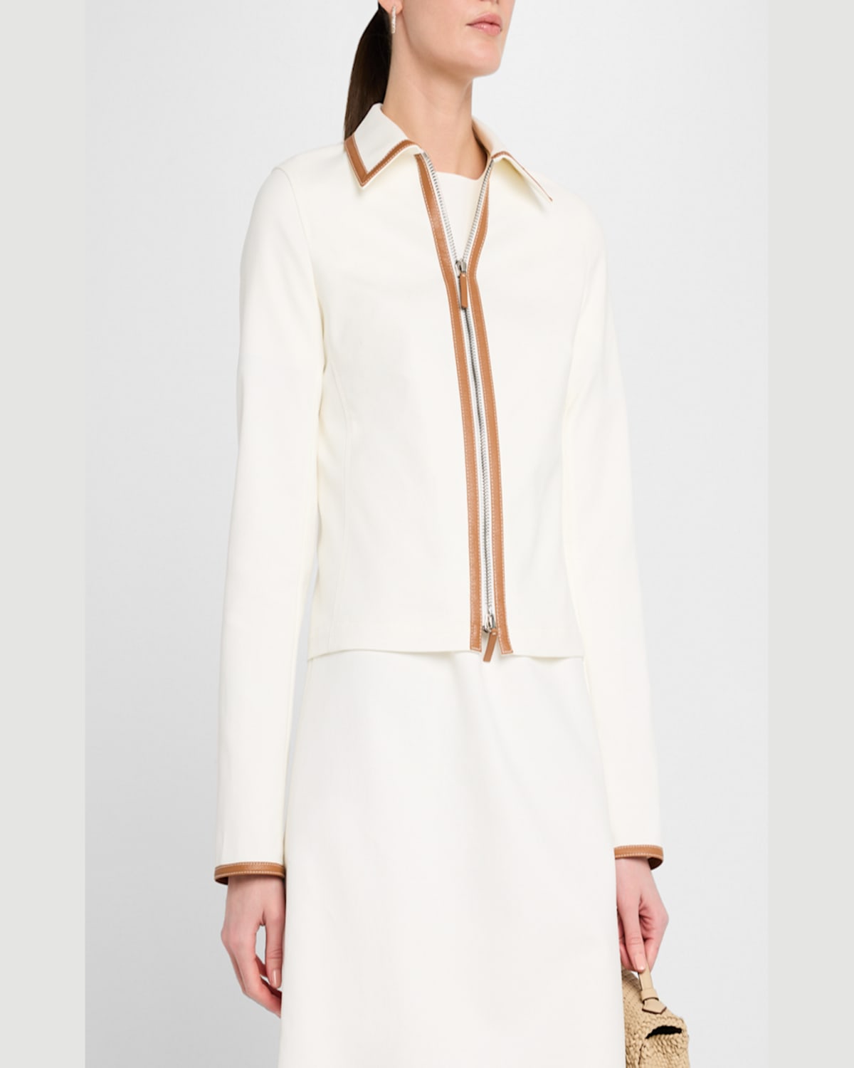 Lafayette 148 Cotton Twill Collared Zip Front Jacket In White