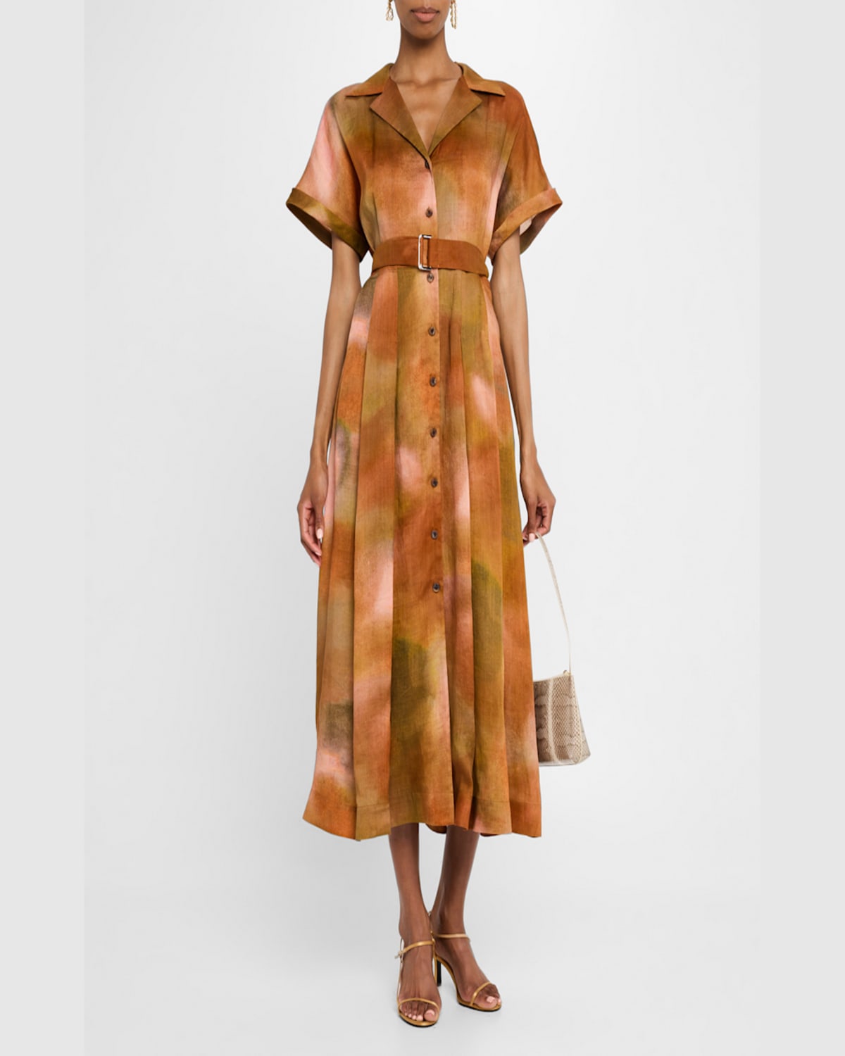 Shop Lafayette 148 Belted Notched-lapel Midi Shirtdress In Red Ochre Multi