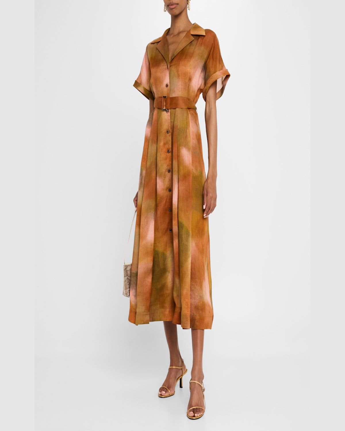 Shop Lafayette 148 Belted Notched-lapel Midi Shirtdress In Red Ochre Multi