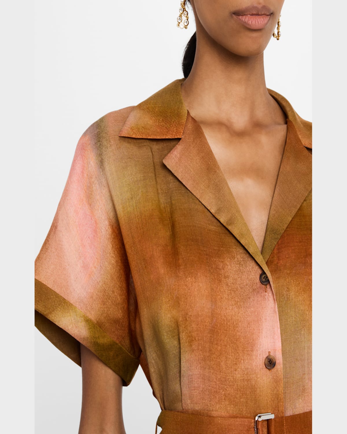 Shop Lafayette 148 Belted Notched-lapel Midi Shirtdress In Red Ochre Multi