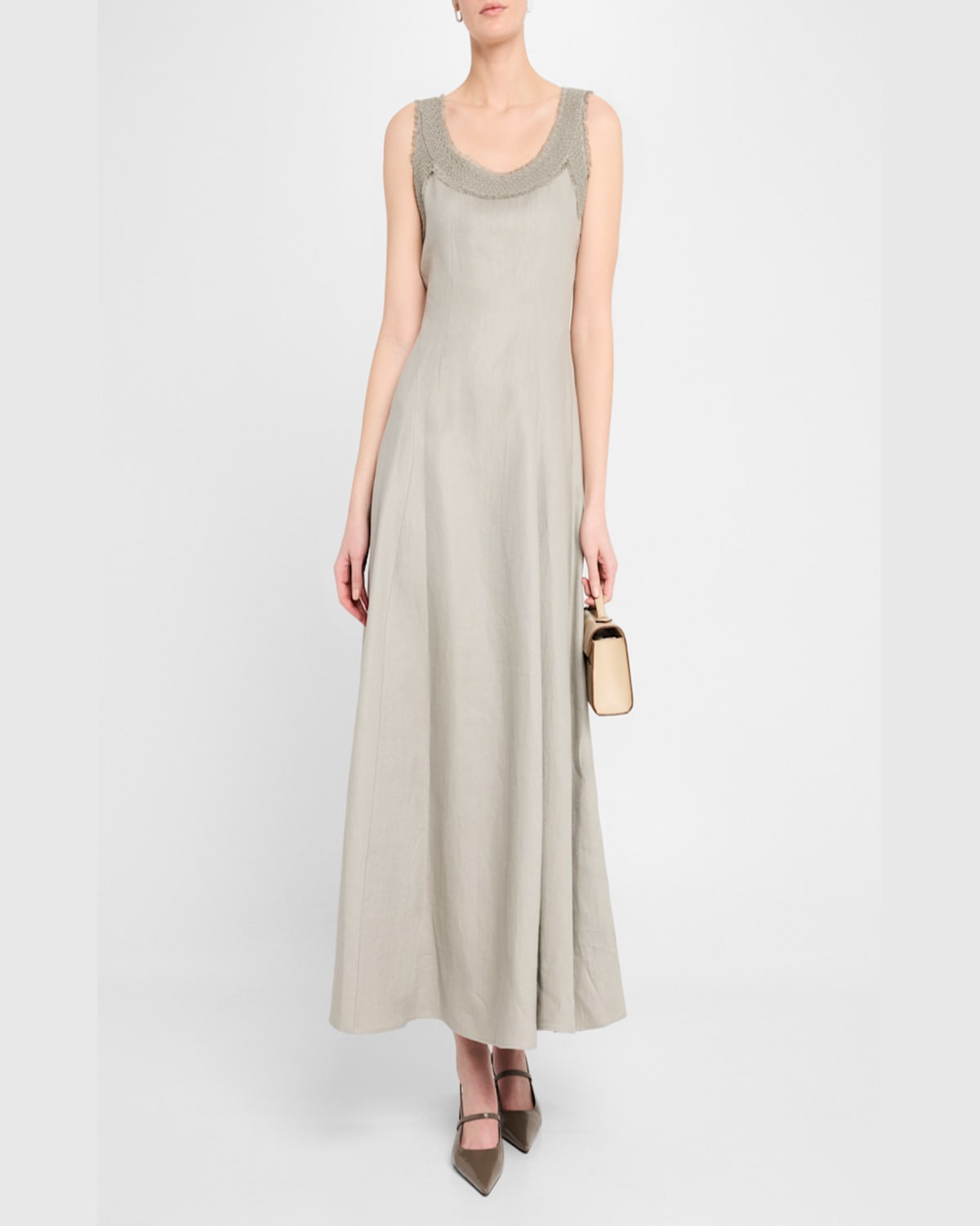 Lafayette 148 Square-neck Linen Dress With Knit Trim In Pencil Grey