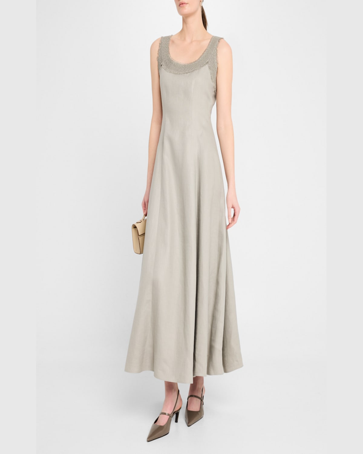 Lafayette 148 Square-neck Linen Dress With Knit Trim In Pencil Grey