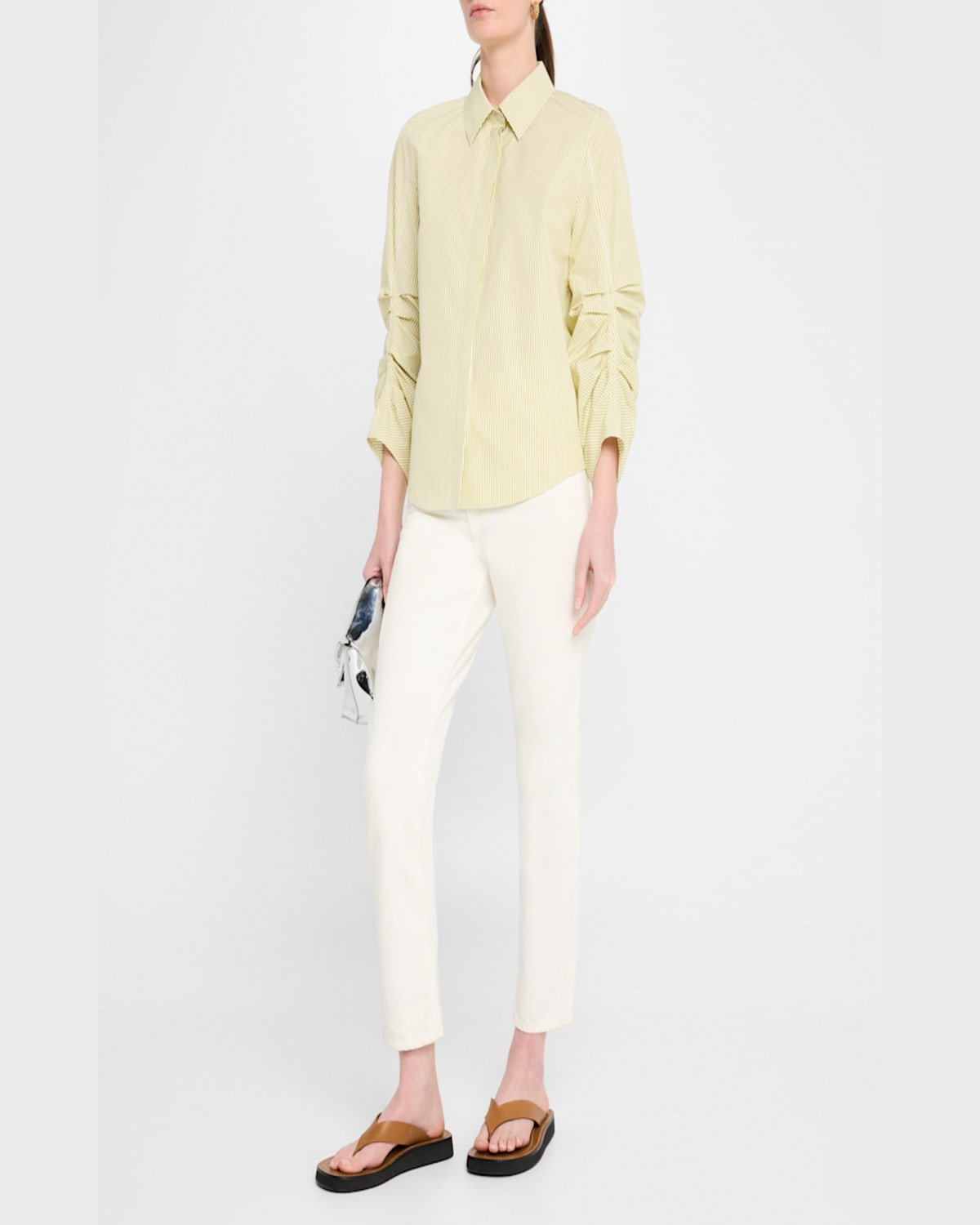 Lafayette 148 Ruched-sleeve Button-down Shirt In Chartreuse Multi