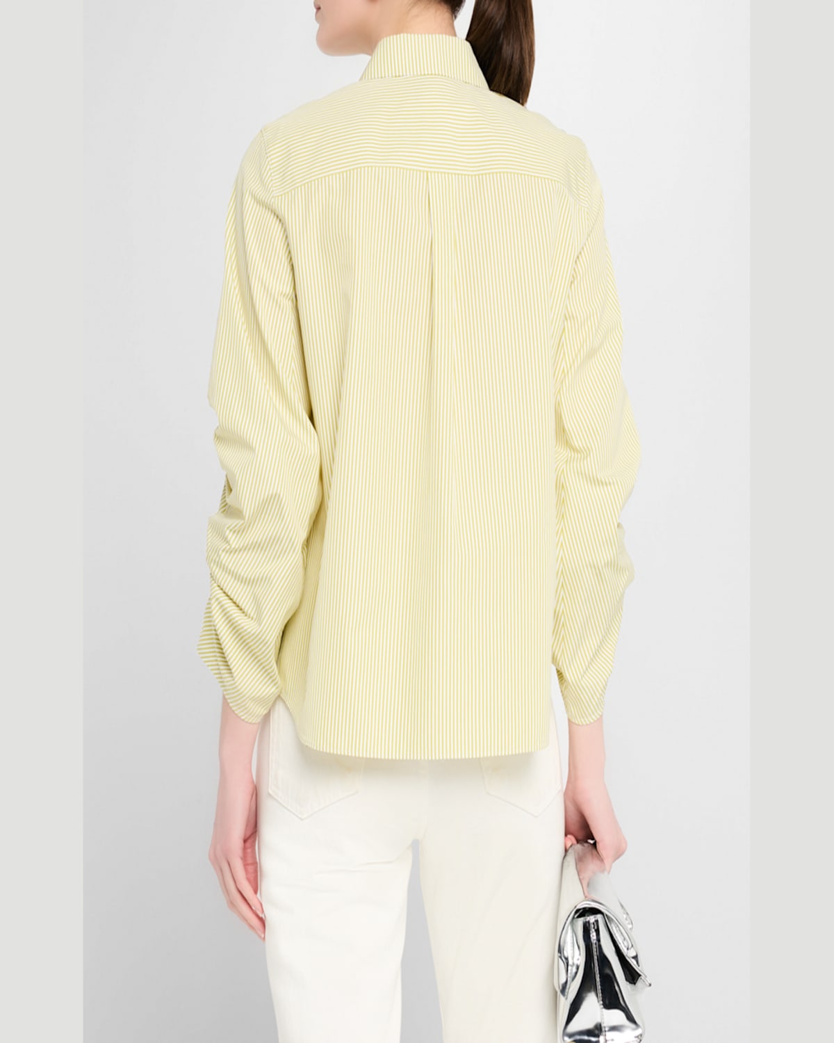 Lafayette 148 Ruched-sleeve Button-down Shirt In Chartreuse Multi
