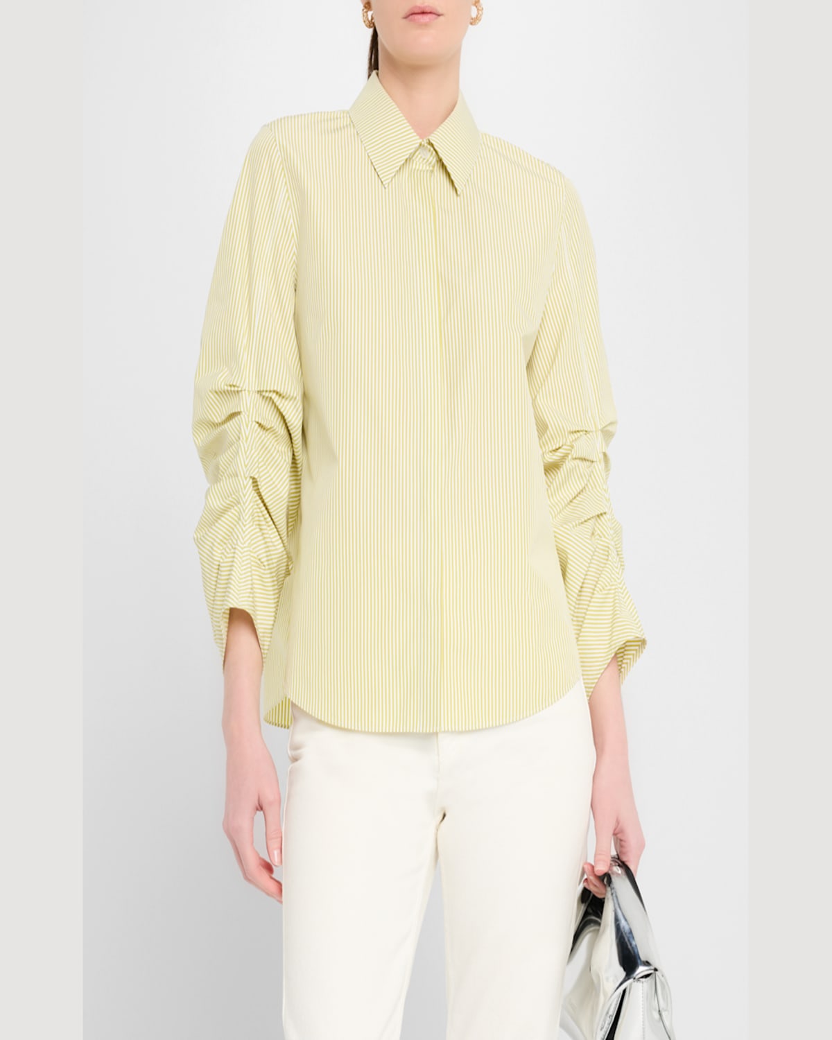 Lafayette 148 Ruched-sleeve Button-down Shirt In Chartreuse Multi