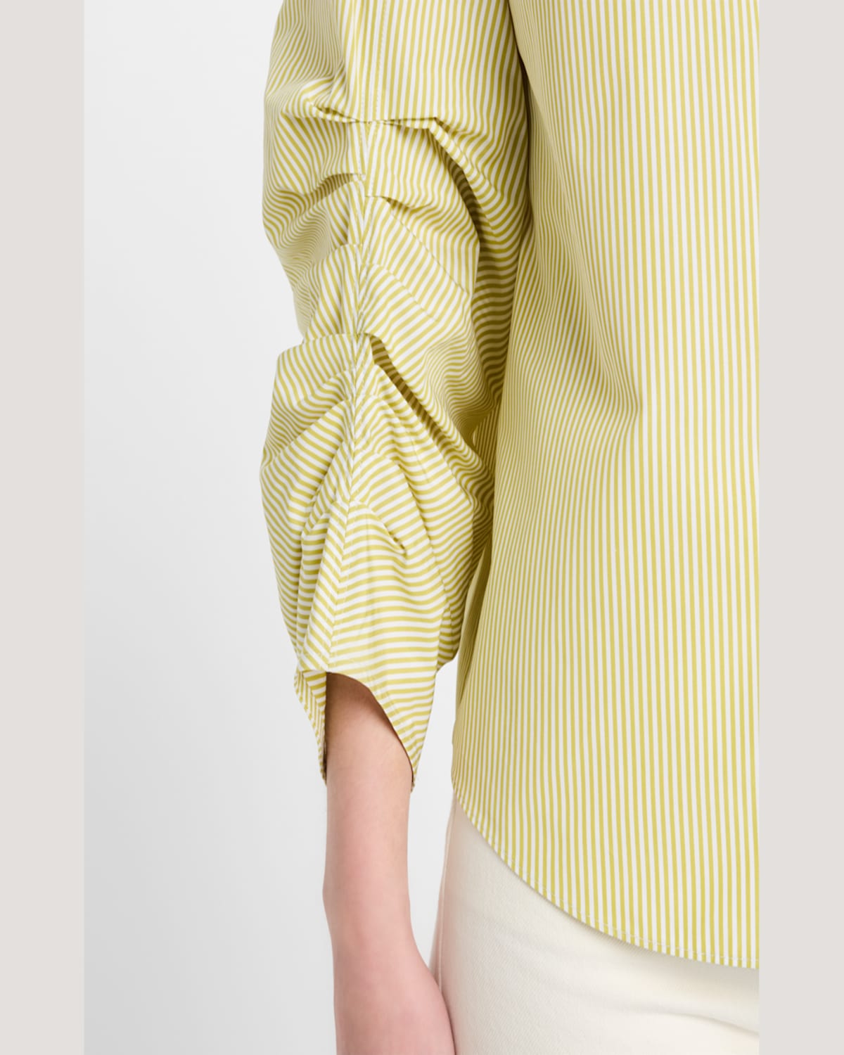 Lafayette 148 Ruched-sleeve Button-down Shirt In Chartreuse Multi