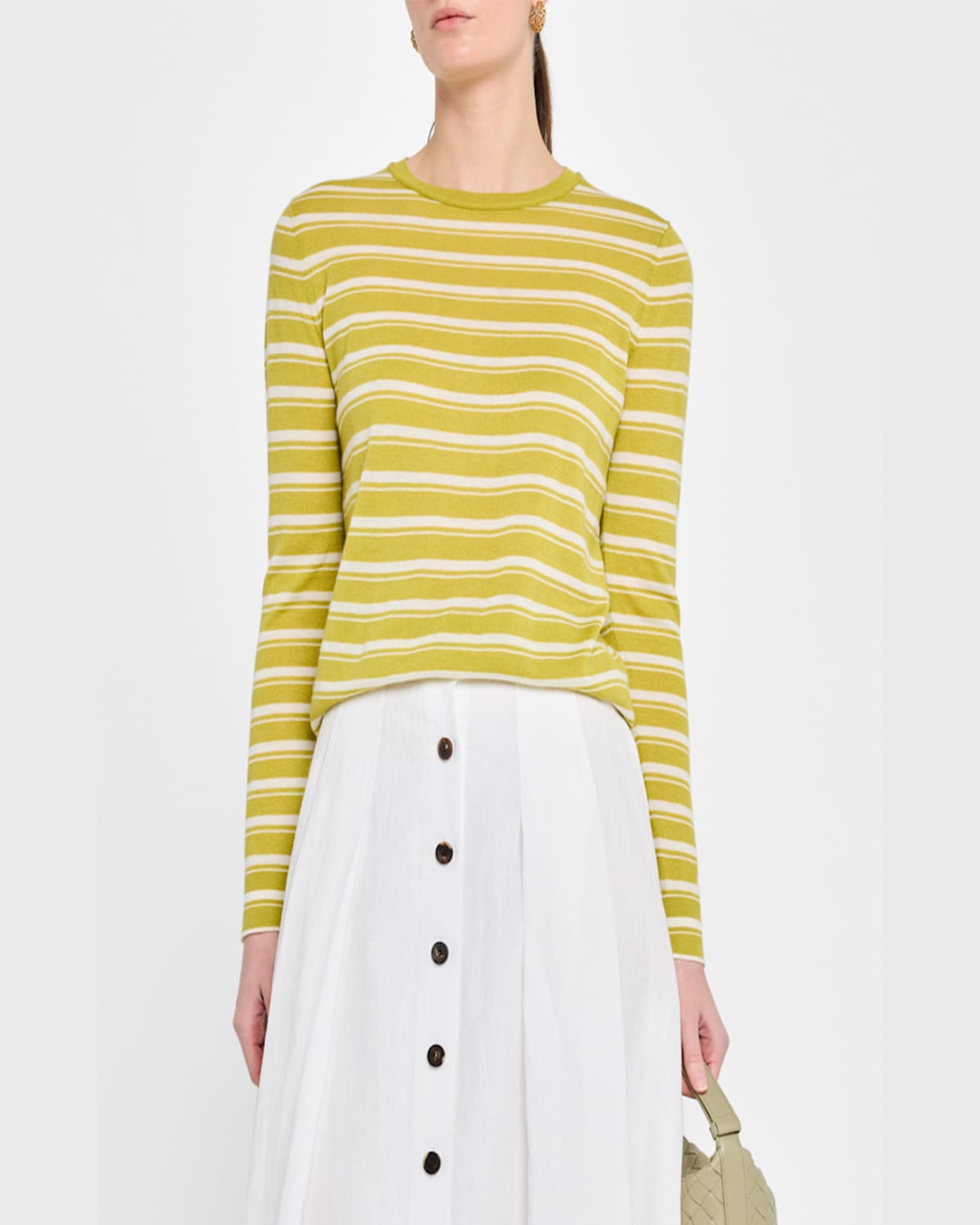 Lafayette 148 Striped Crewneck Silk-linen Sweater In Chartreuse Multi