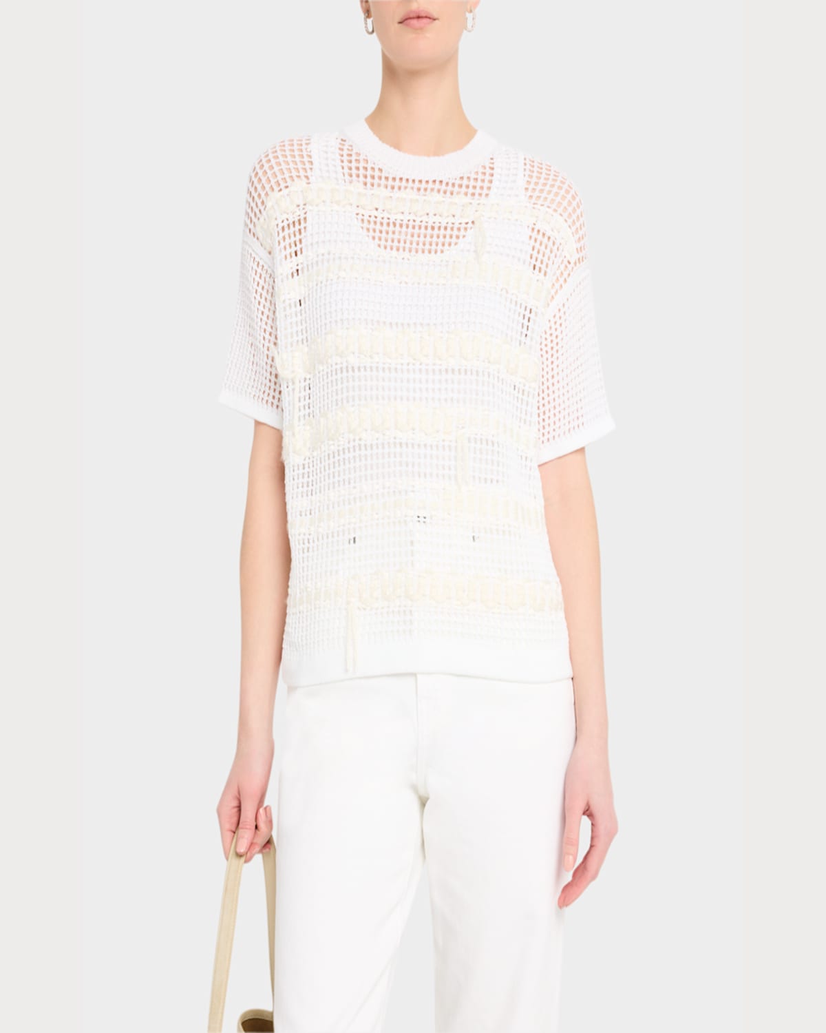 Lafayette 148 Embroidered Mesh-knit Sweater In White