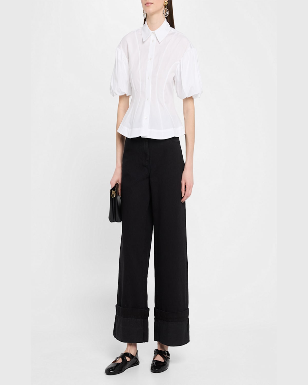 Simone Rocha Puff-sleeve Button-down Peplum Shirt In White